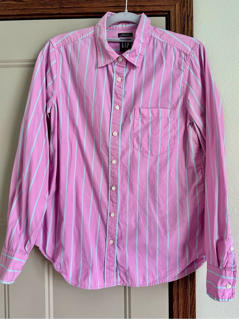 GAP Women’s Perfect Shirt Pink and Light Blue Striped Button-Down 80s Poplin